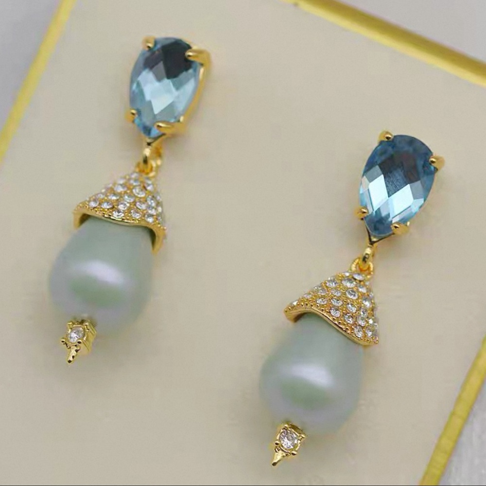 Alexis Bittar Gold Drop Earrings with Blue Stones and Mint Pearls - Picture 2 of 4